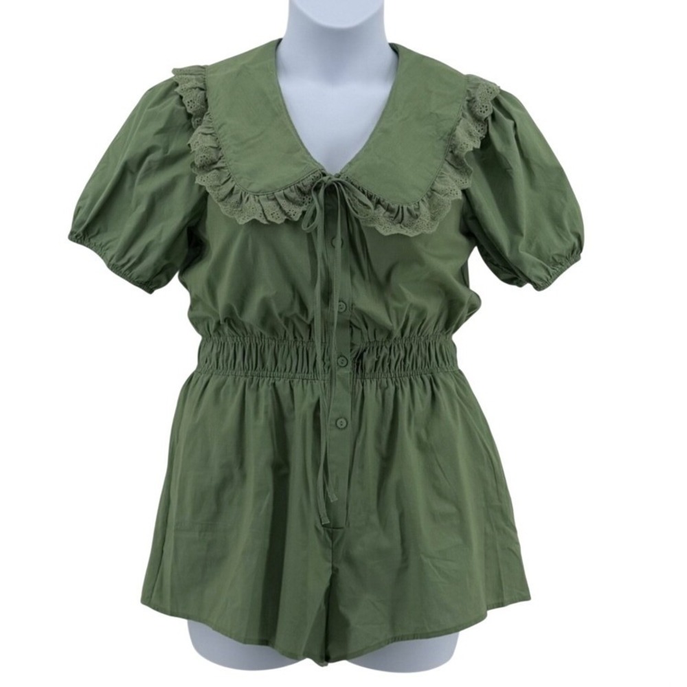 Umgee Cotton Romper Women's Small Sage Green Peter Pan Collar Puff Sleeve NWT